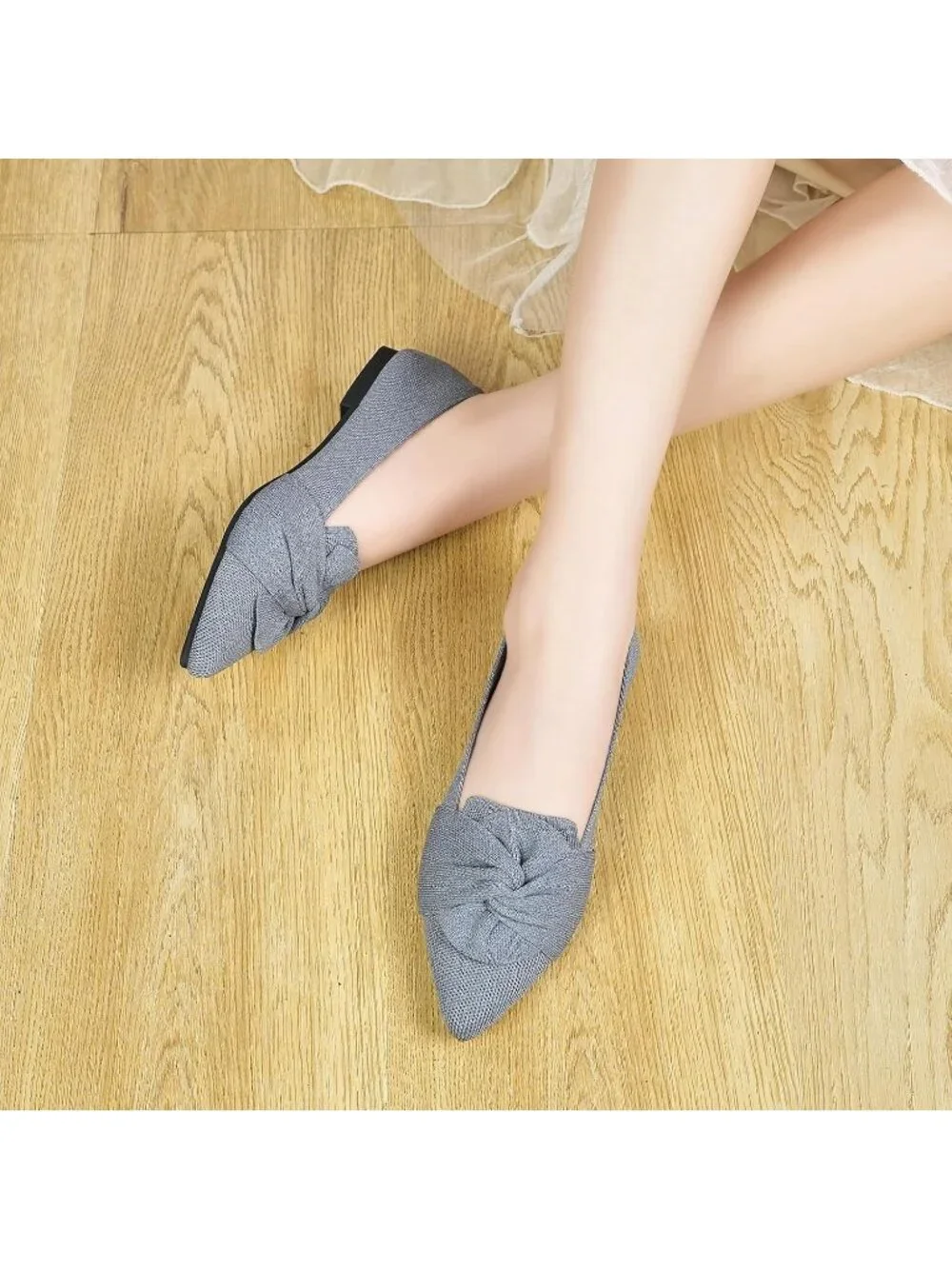 Women's Grey Pointed Toe Ballet Flats with Bow Comfortable Knit Dressy Shoes
